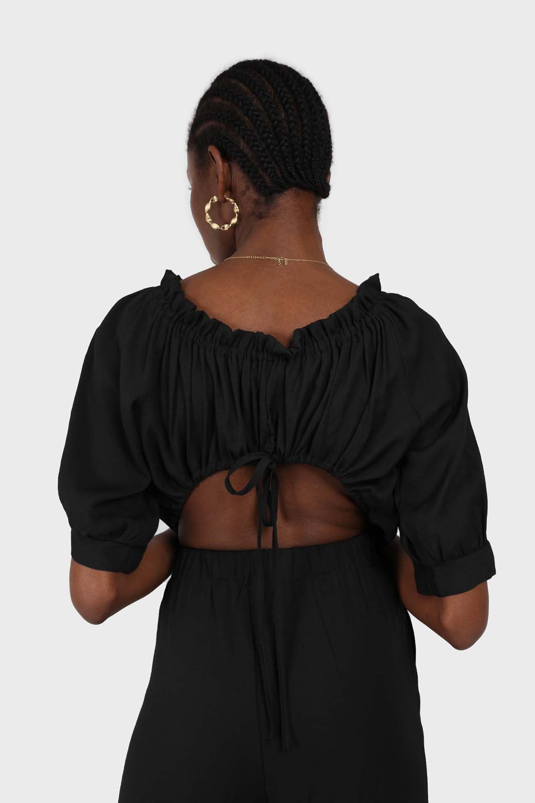 Black off shoulder open back jumpsuit