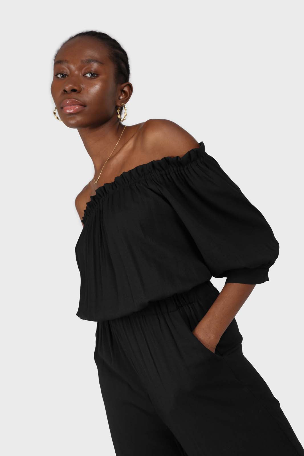 Black off shoulder open back jumpsuit
