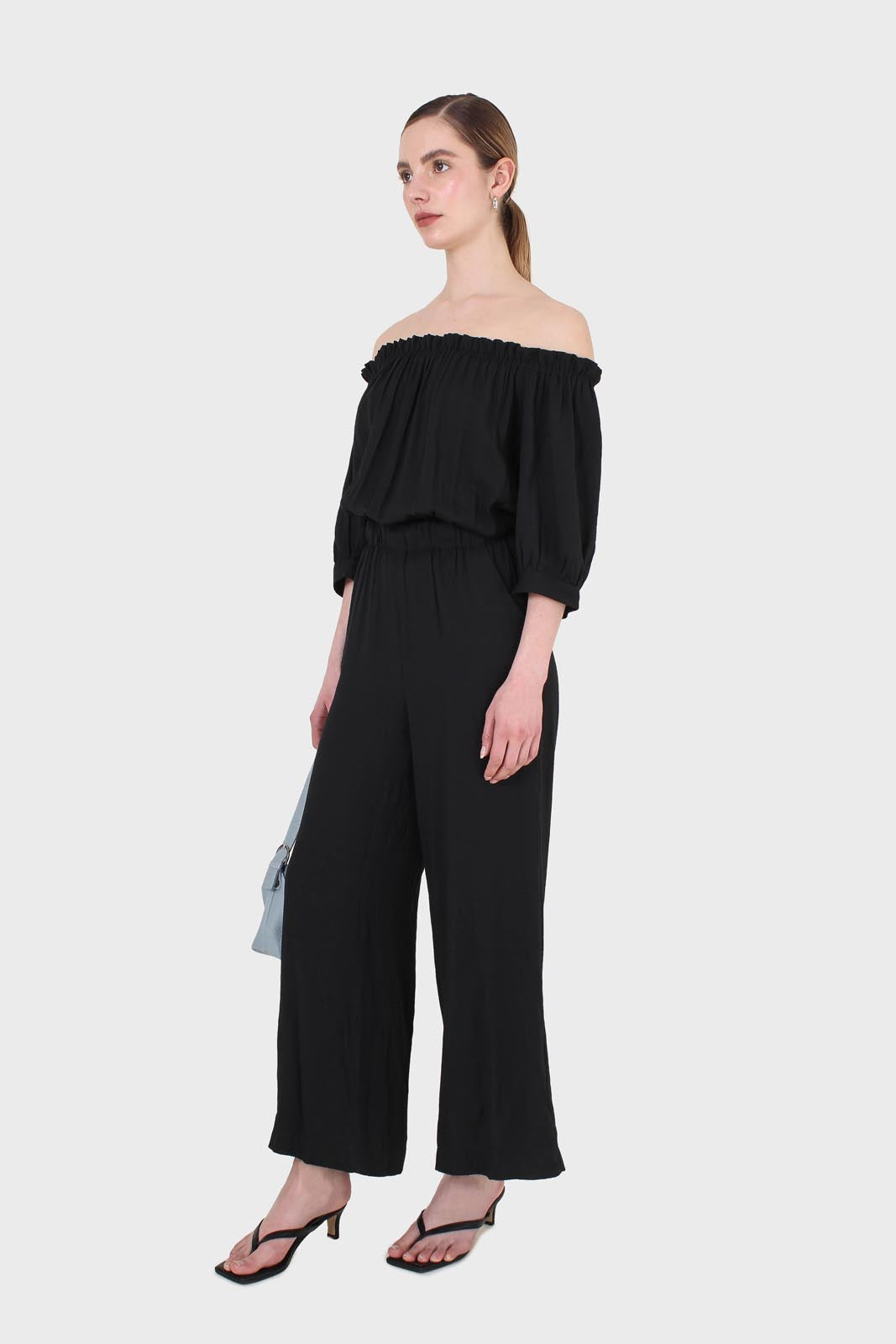 Black off shoulder open back jumpsuit