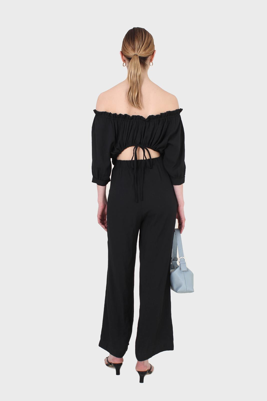 Black off shoulder open back jumpsuit
