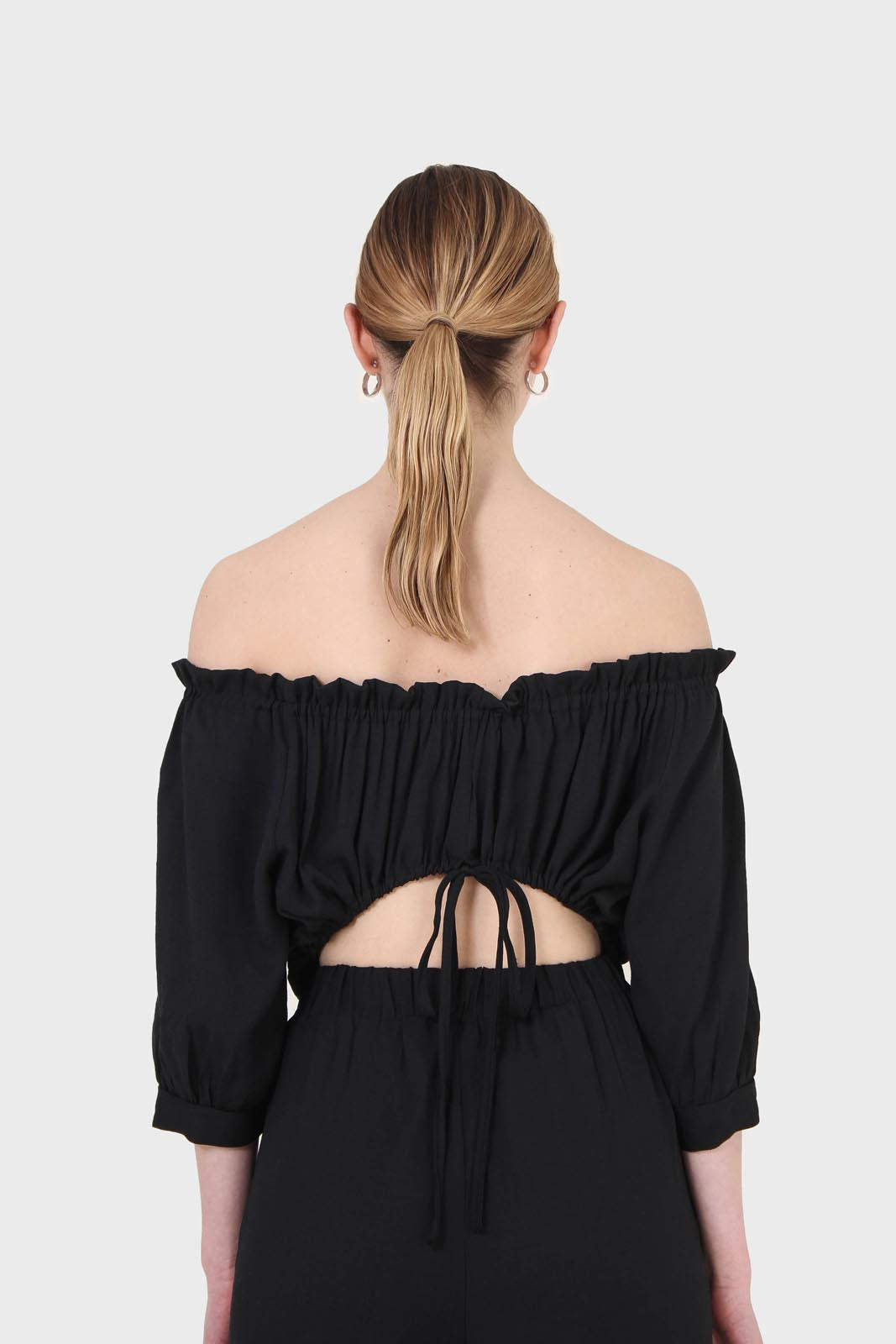 Black off shoulder open back jumpsuit