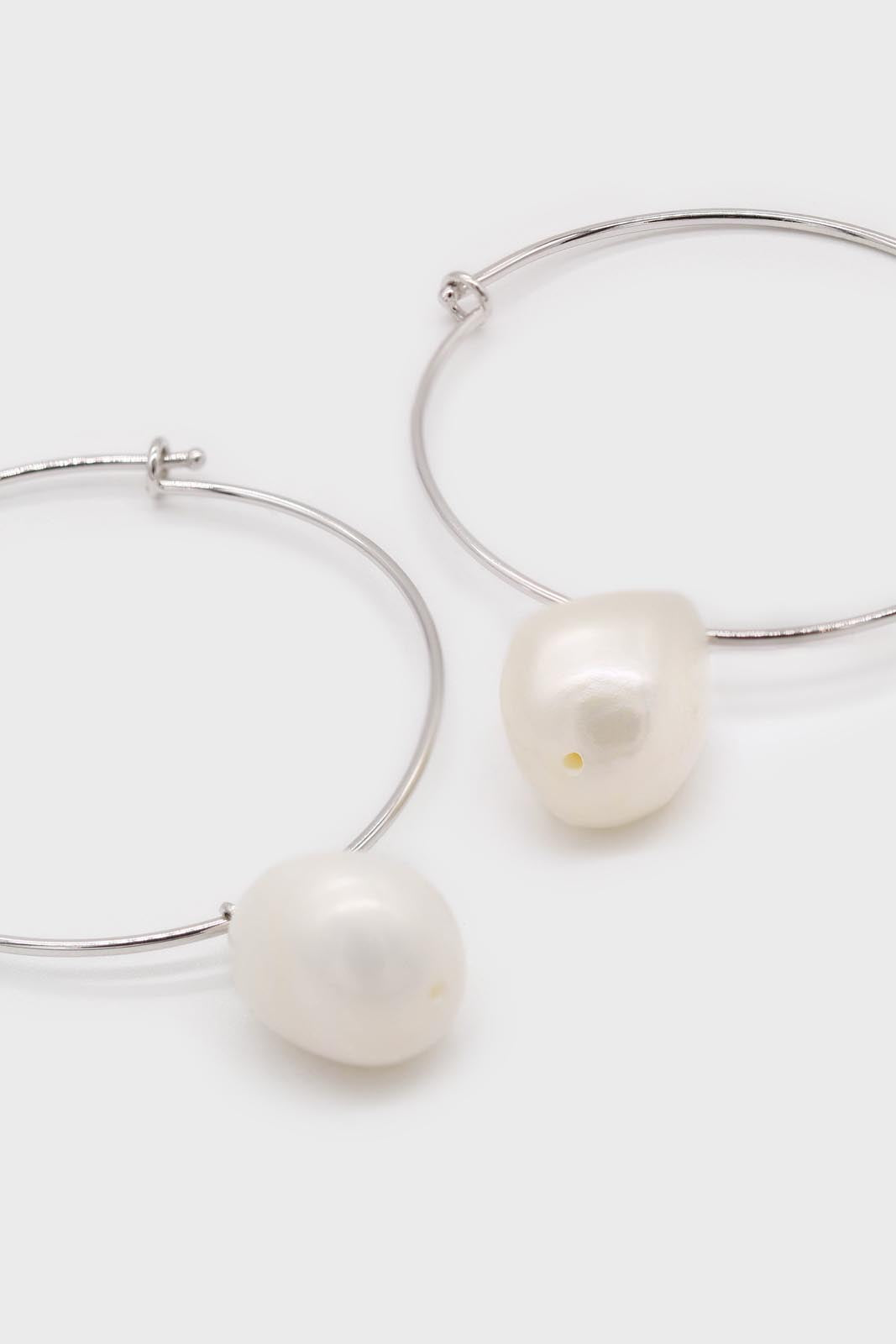 Silver genuine pearl drop large hoops
