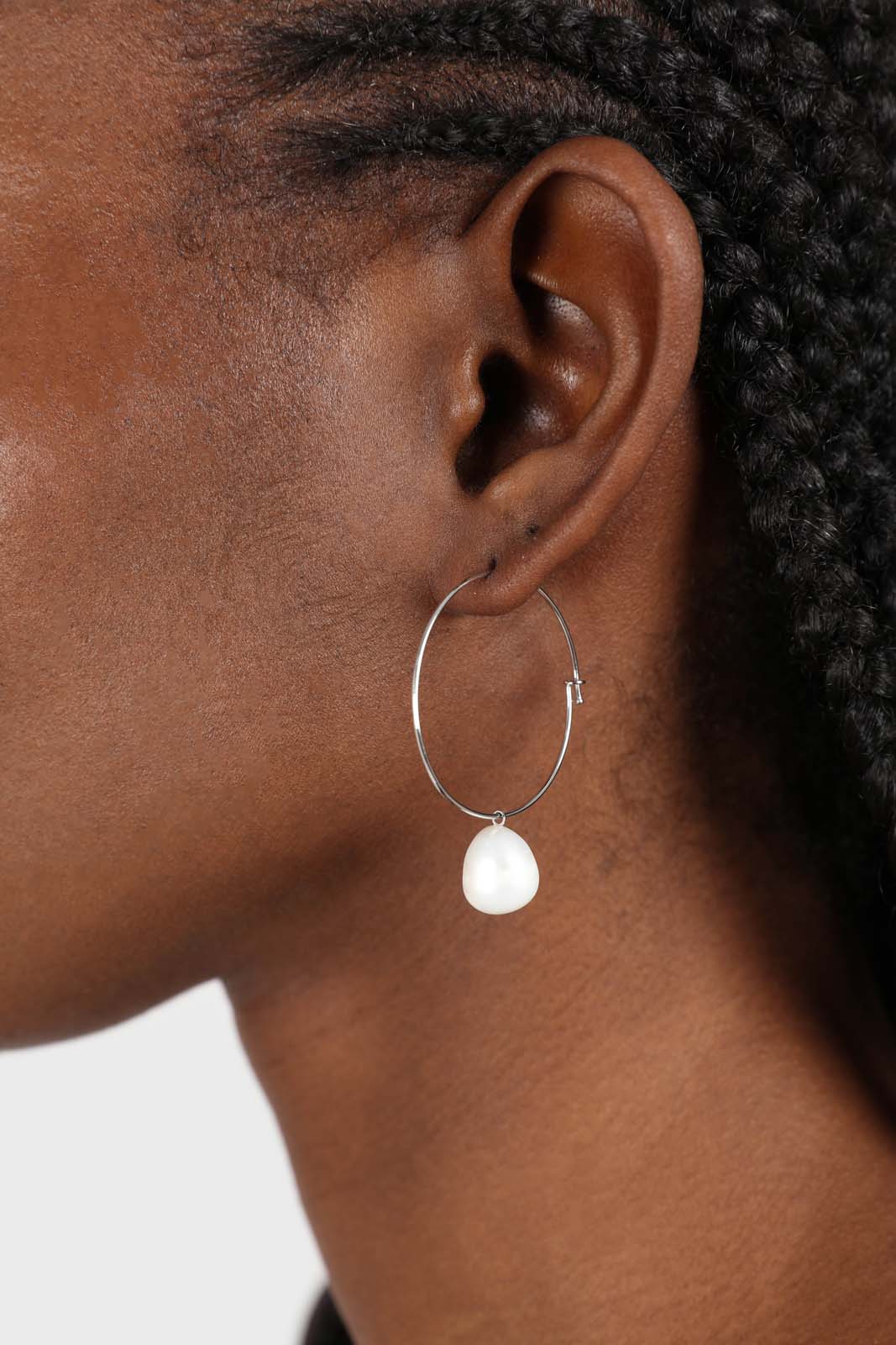 Silver genuine pearl drop large hoops