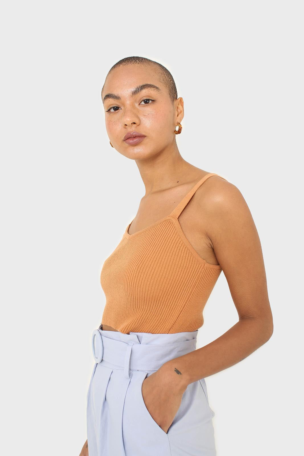 Orange thin strap ribbed knit tank