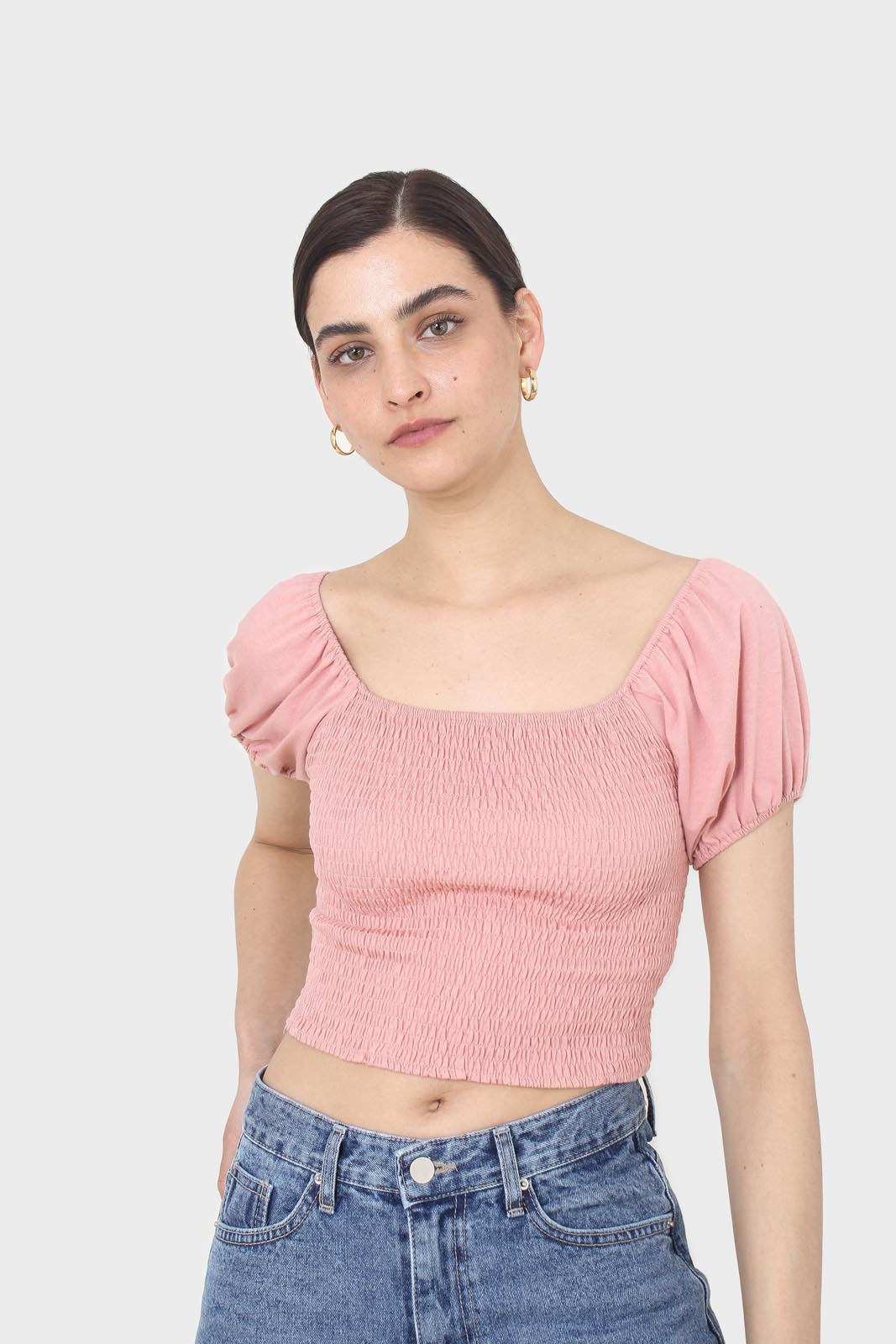 Pink ruched bodice puff sleeved top