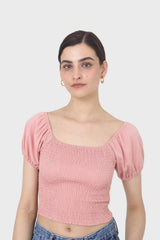 Pink ruched bodice puff sleeved top