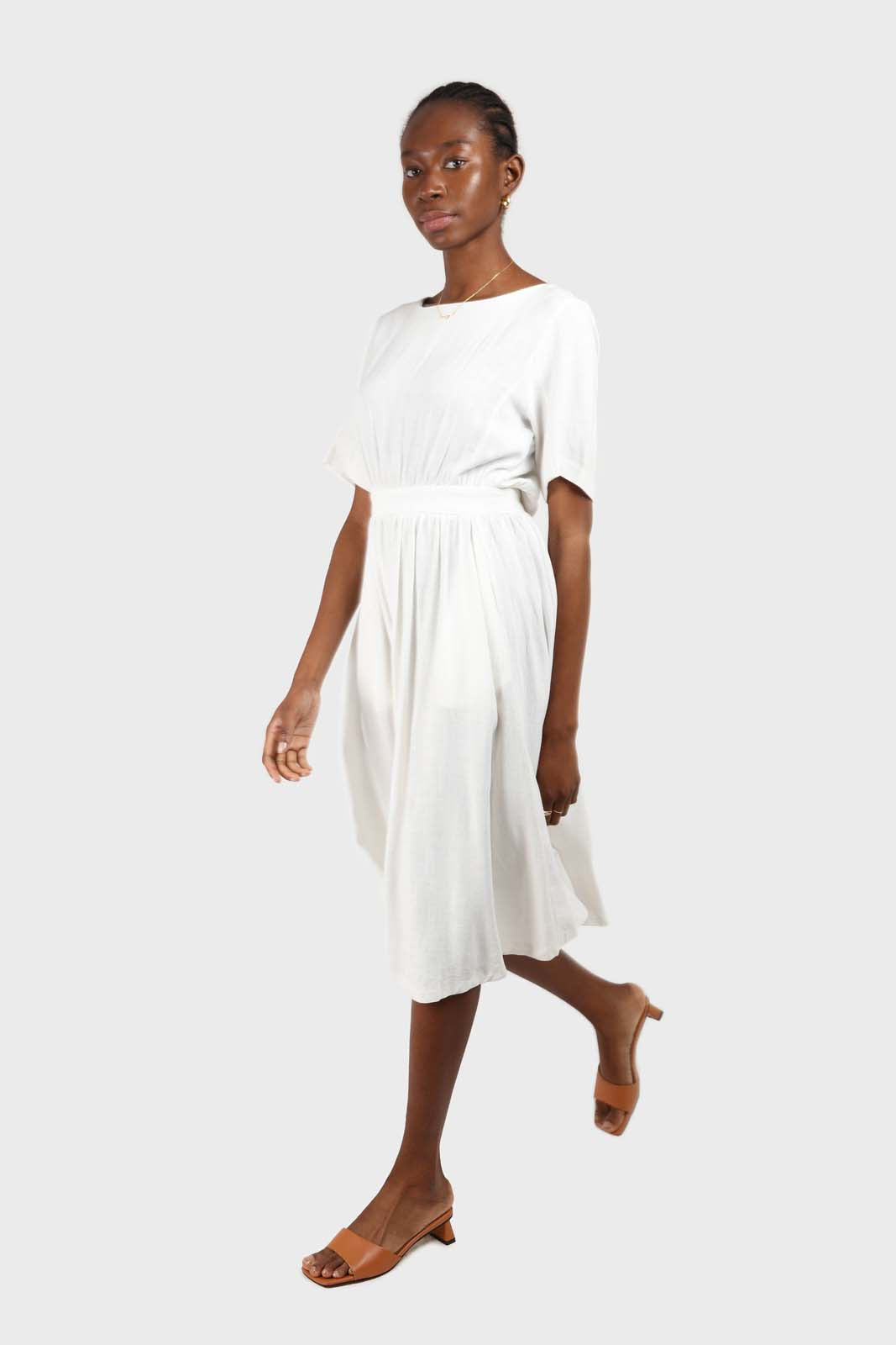 White open back button maxi linen dress