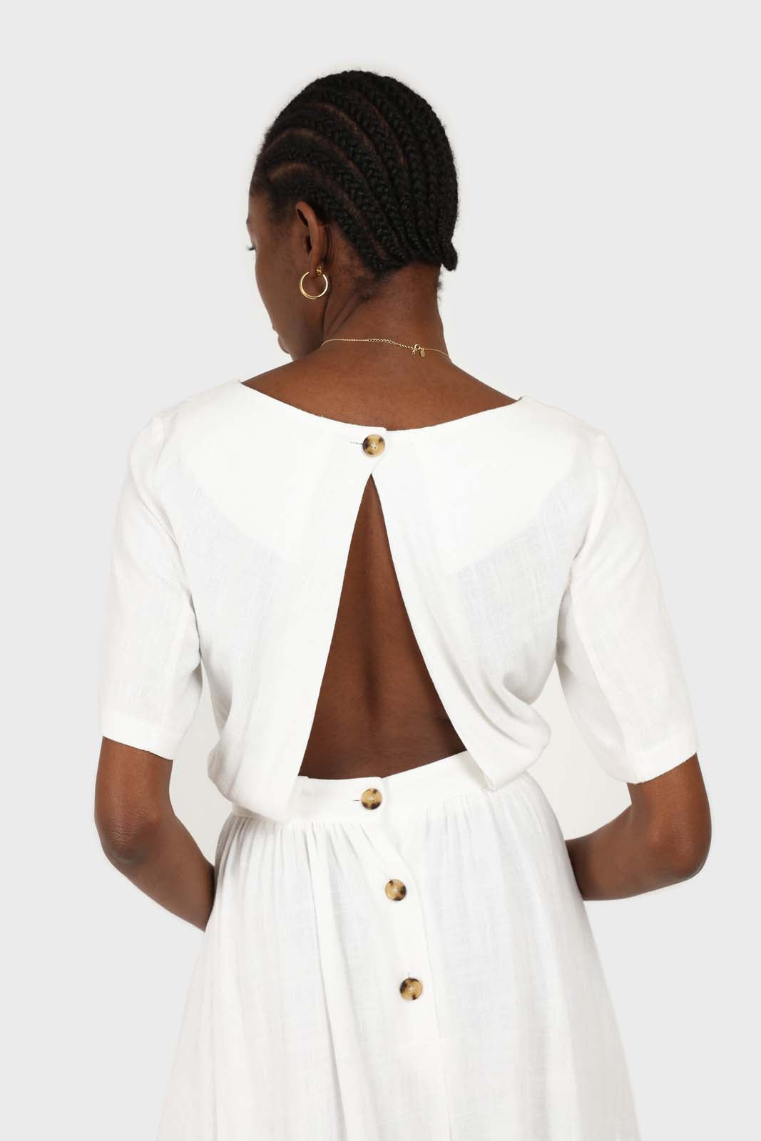 White open back button maxi linen dress
