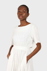 White open back button maxi linen dress