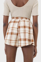 Beige and brown checked linen shorts