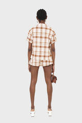 Beige and brown checked linen shorts
