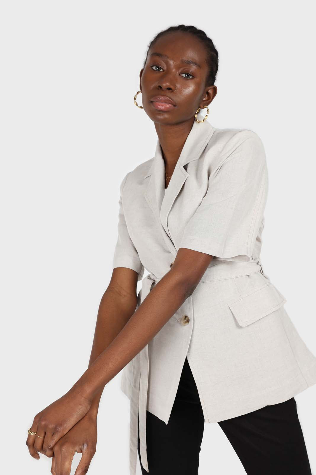 Oatmeal two button belted linen blazer