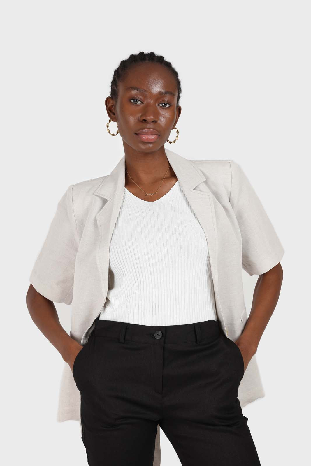 Oatmeal two button belted linen blazer
