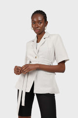 Oatmeal two button belted linen blazer