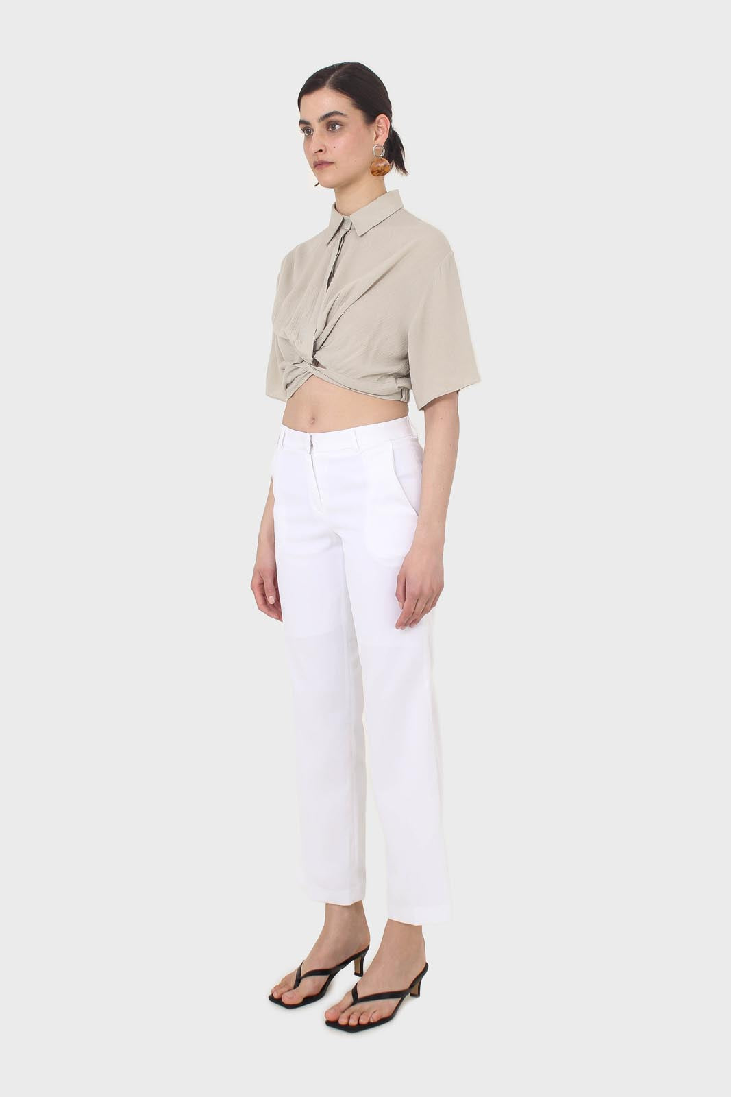 Pale khaki twist front cropped shirt
