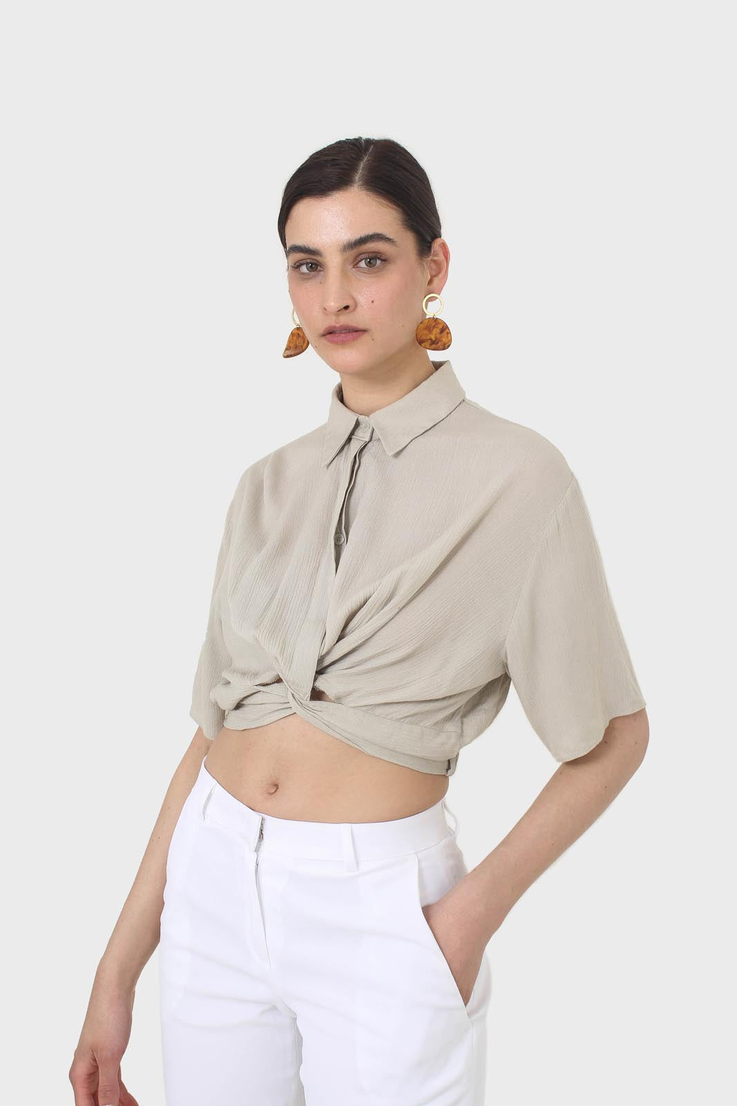 Pale khaki twist front cropped shirt