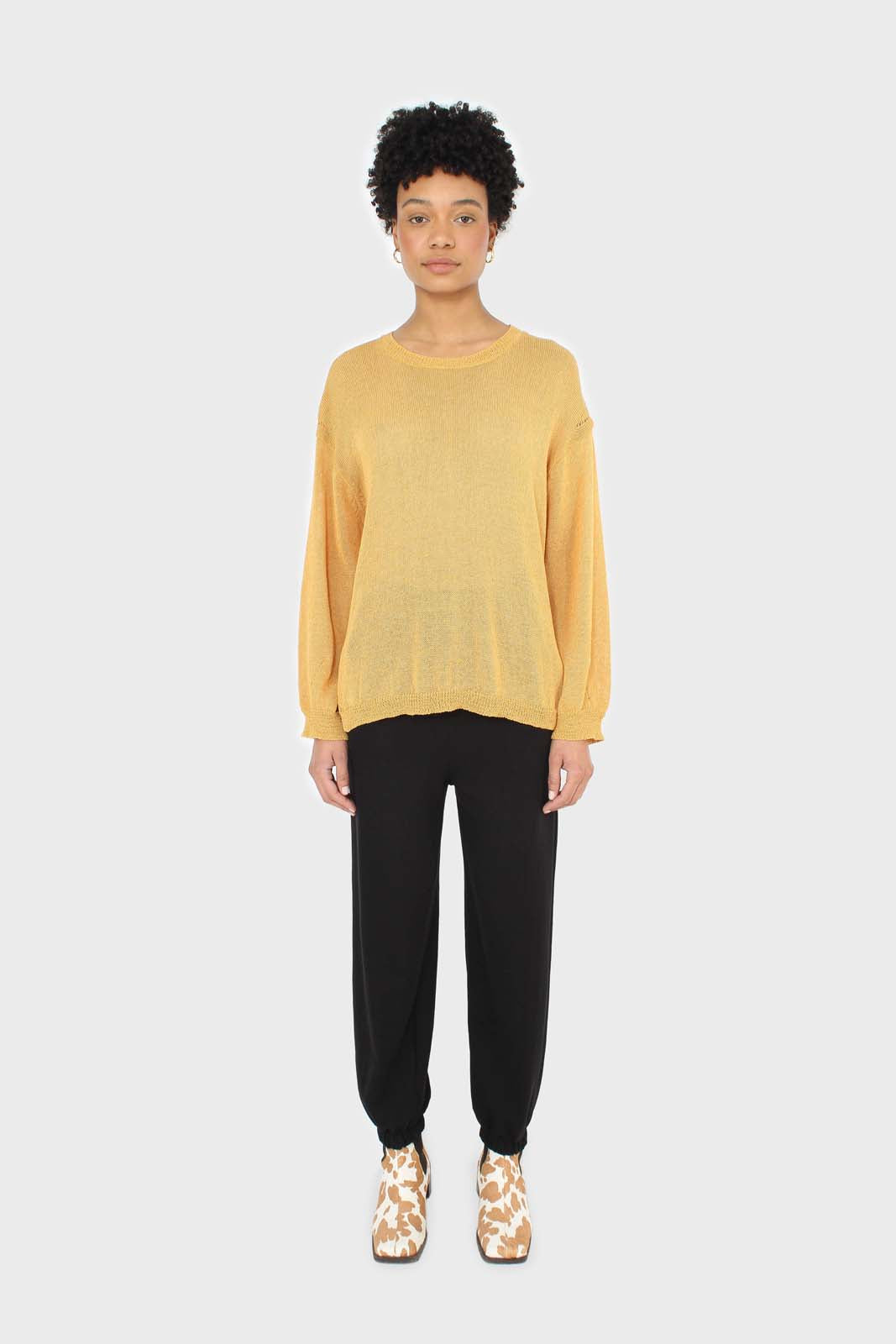 Mustard crew neck sheer knit jumper