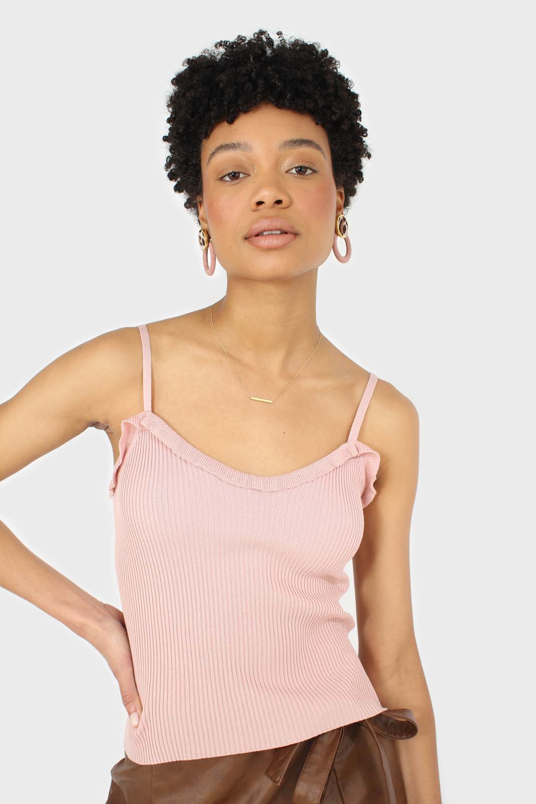 Pink ruffle trim thin strap knit tank