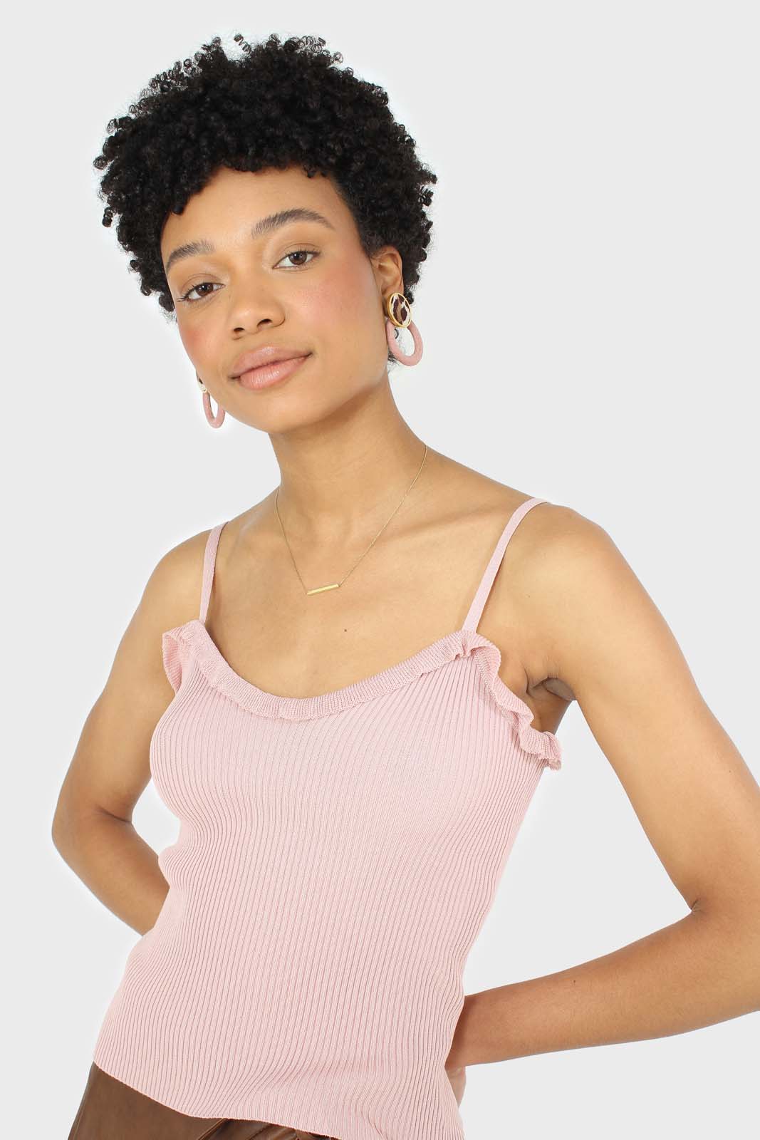 Pink ruffle trim thin strap knit tank