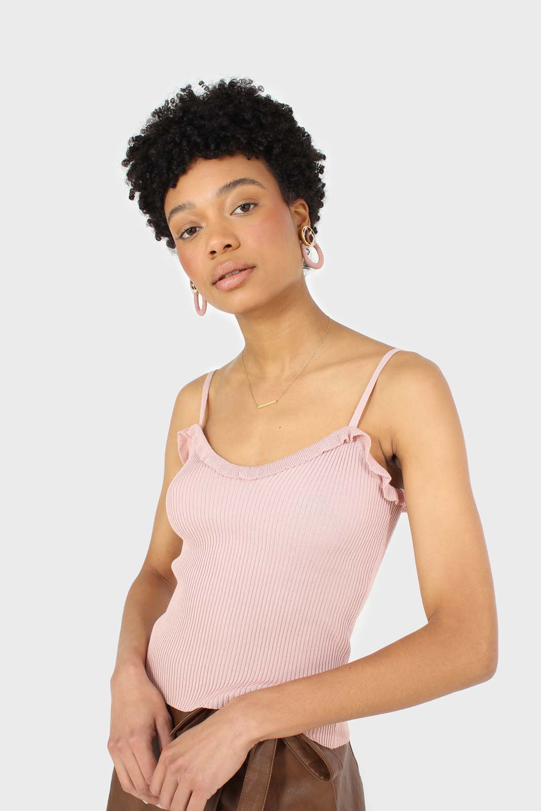 Pink ruffle trim thin strap knit tank