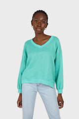 Green V-neck linen long sleeved top