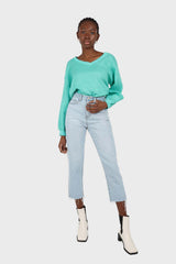 Green V-neck linen long sleeved top