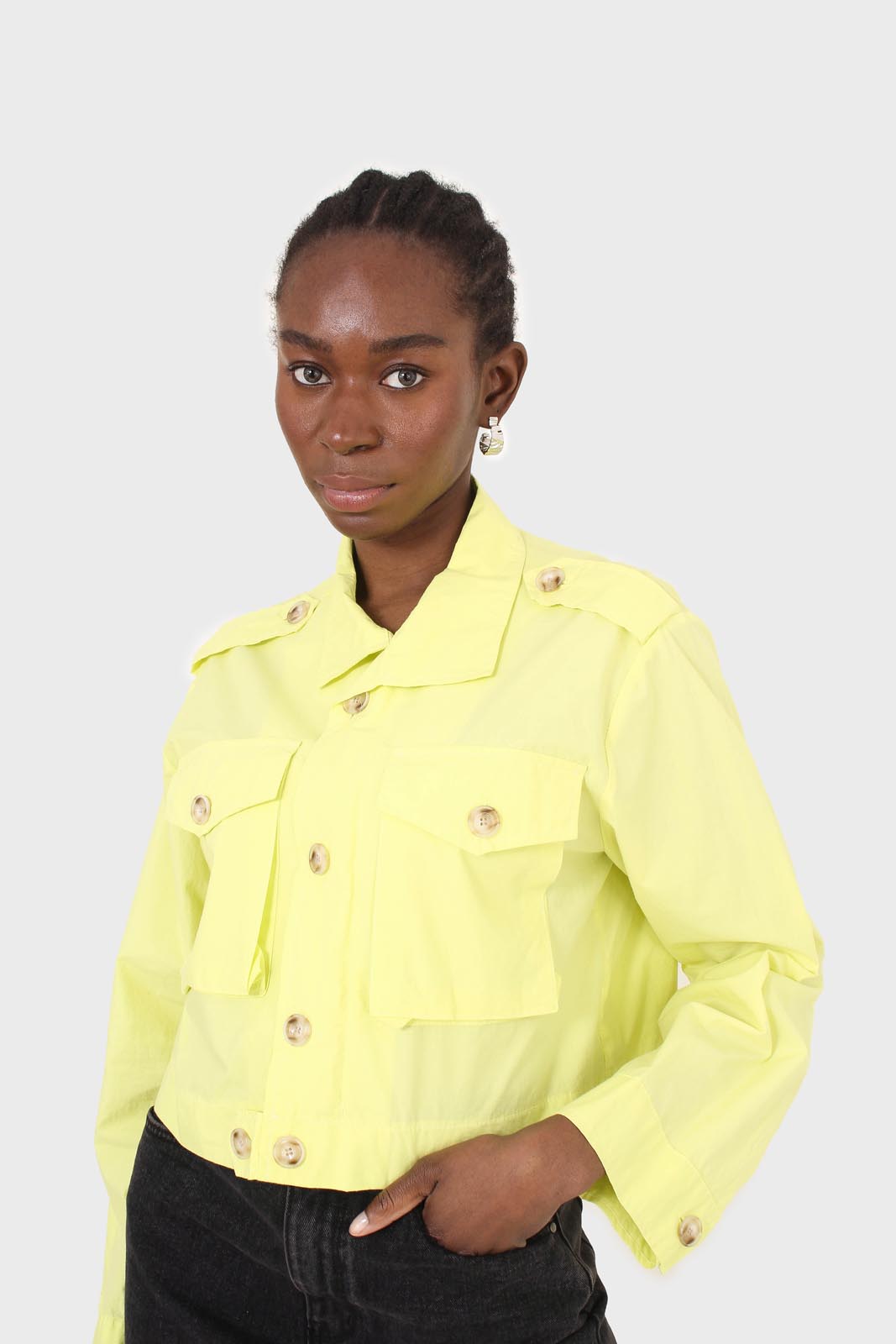 Neon yellow patch pocket cropped jacket
