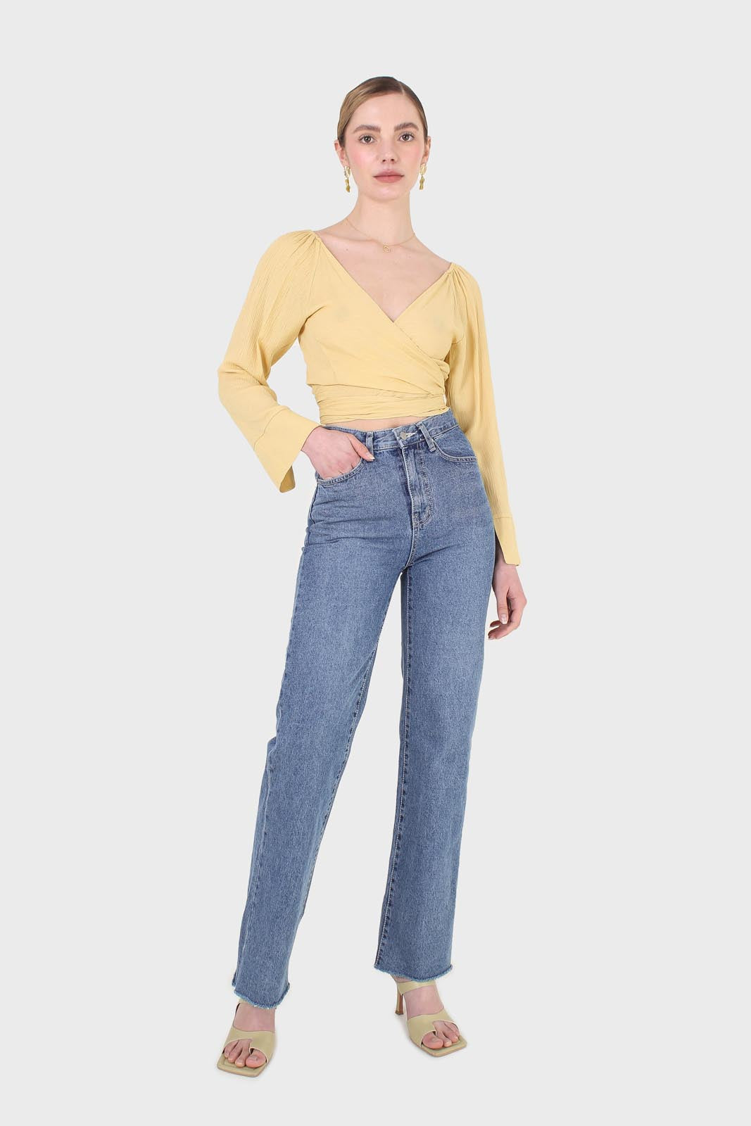 Yellow tie waist open front blouse