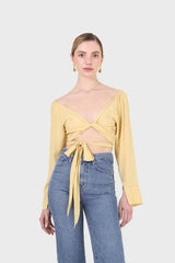 Yellow tie waist open front blouse