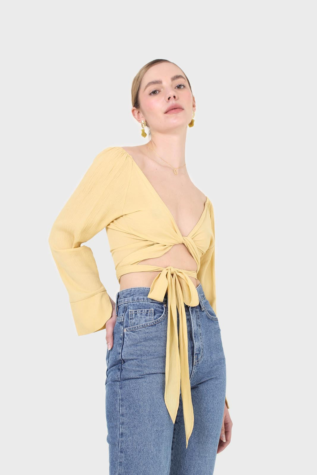 Yellow tie waist open front blouse