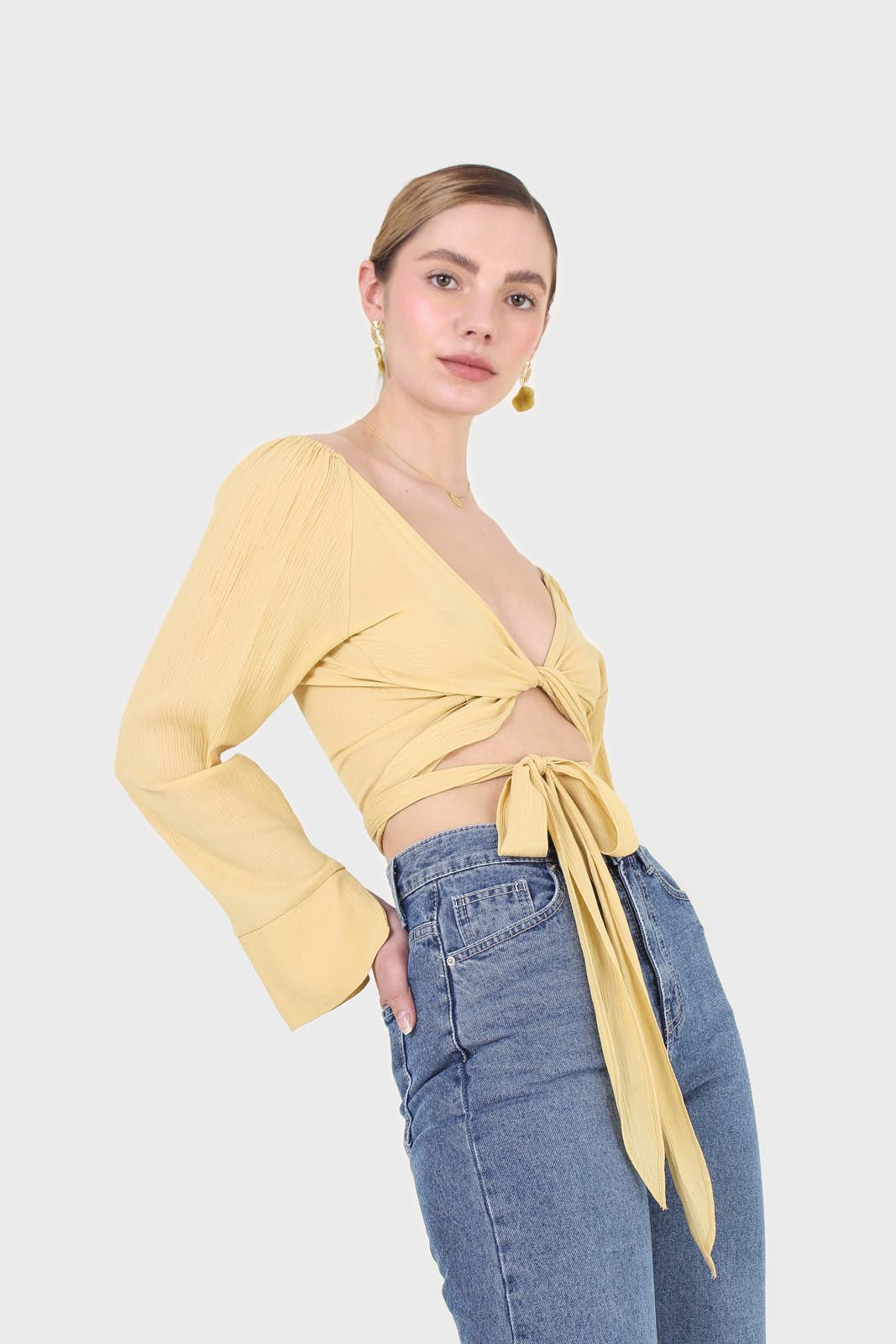 Yellow tie waist open front blouse