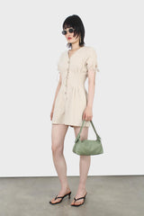 Beige V-neck tie sleeved linen romper