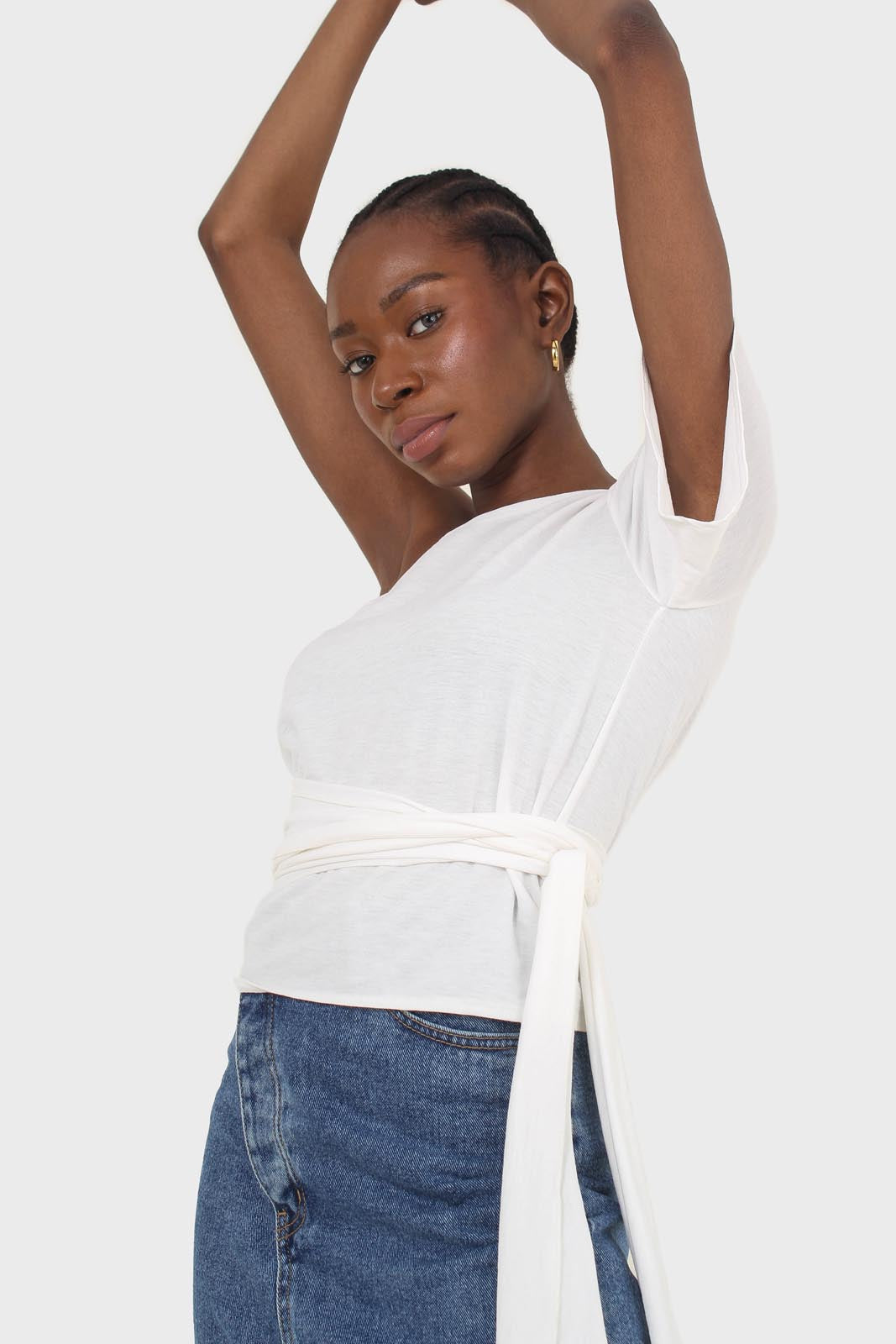 Ivory one shoulder tie waist blouse