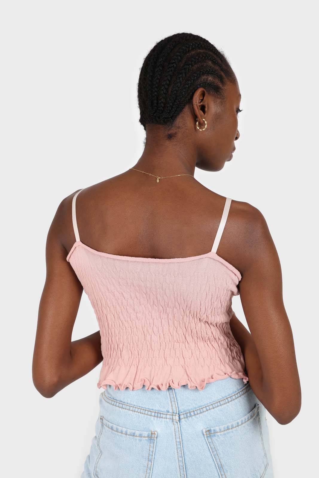 Pale pink button front ruched bodice tank
