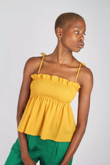 Yellow ruched fit and flare tie shoulder tank