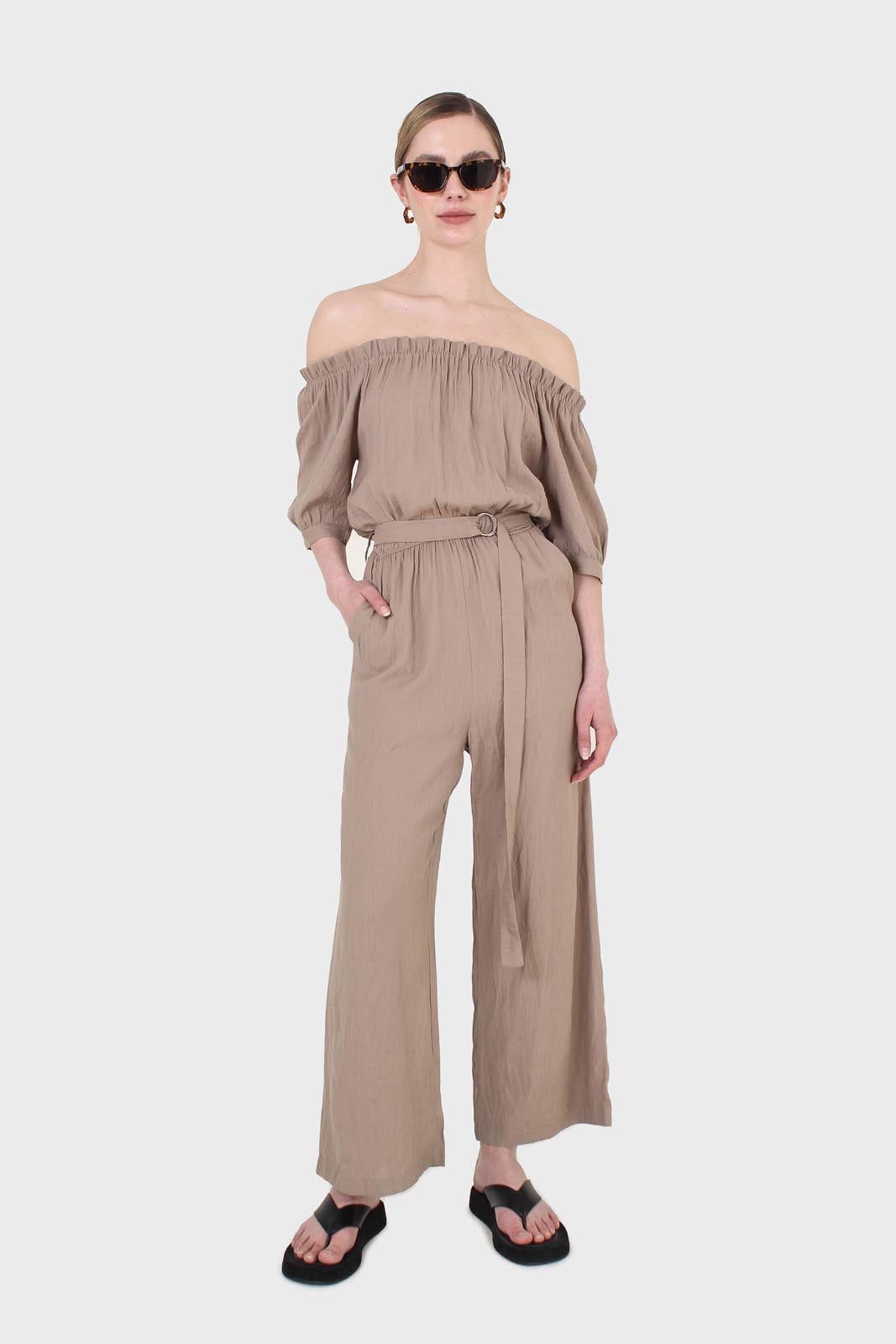 Brown off shoulder tie waist jumpsuit