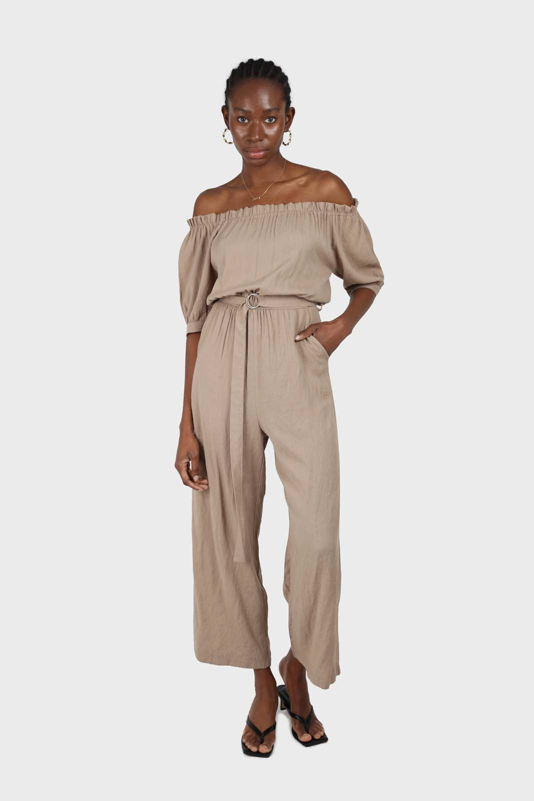 Brown off shoulder tie waist jumpsuit