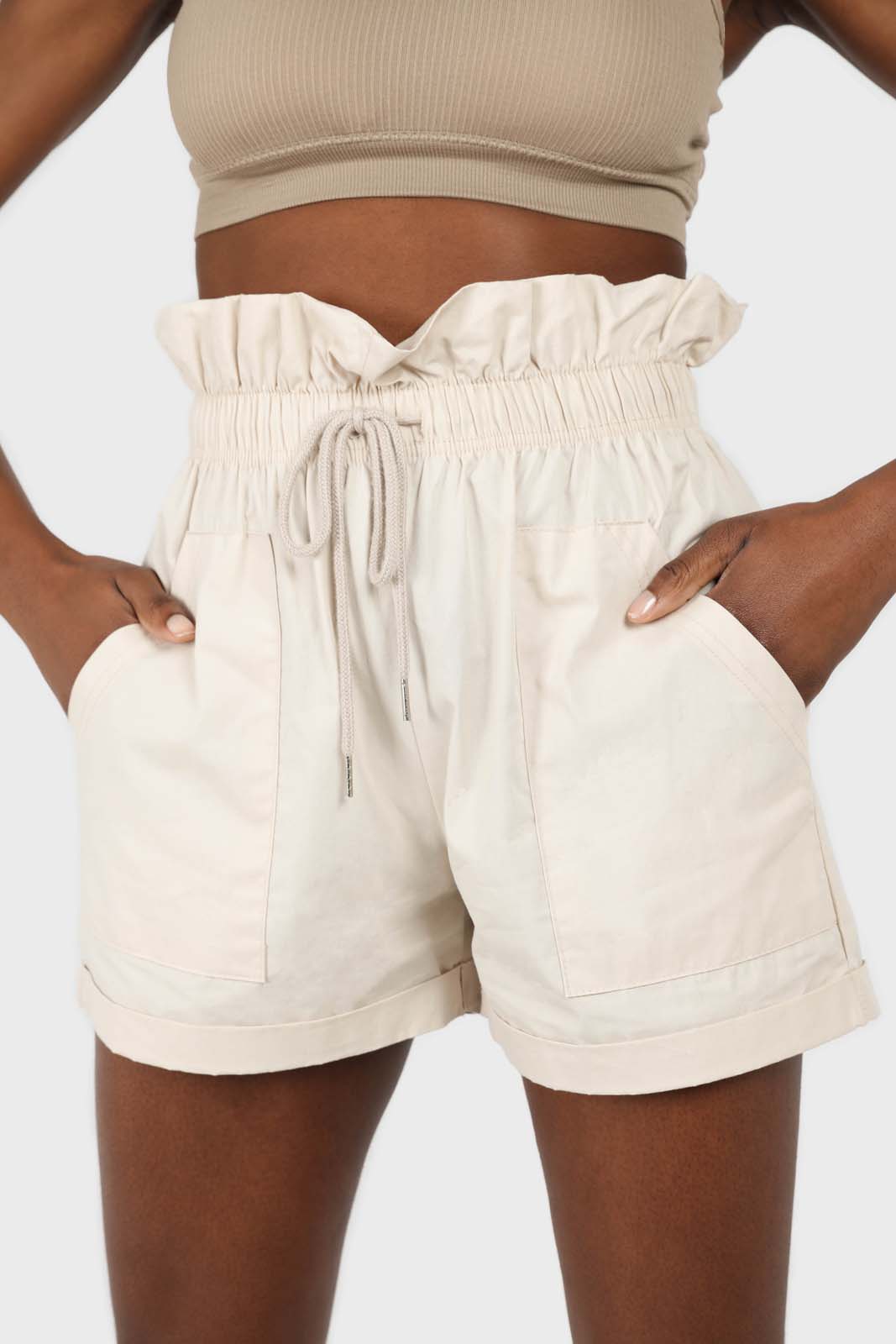 Beige drawstring wide fit shorts