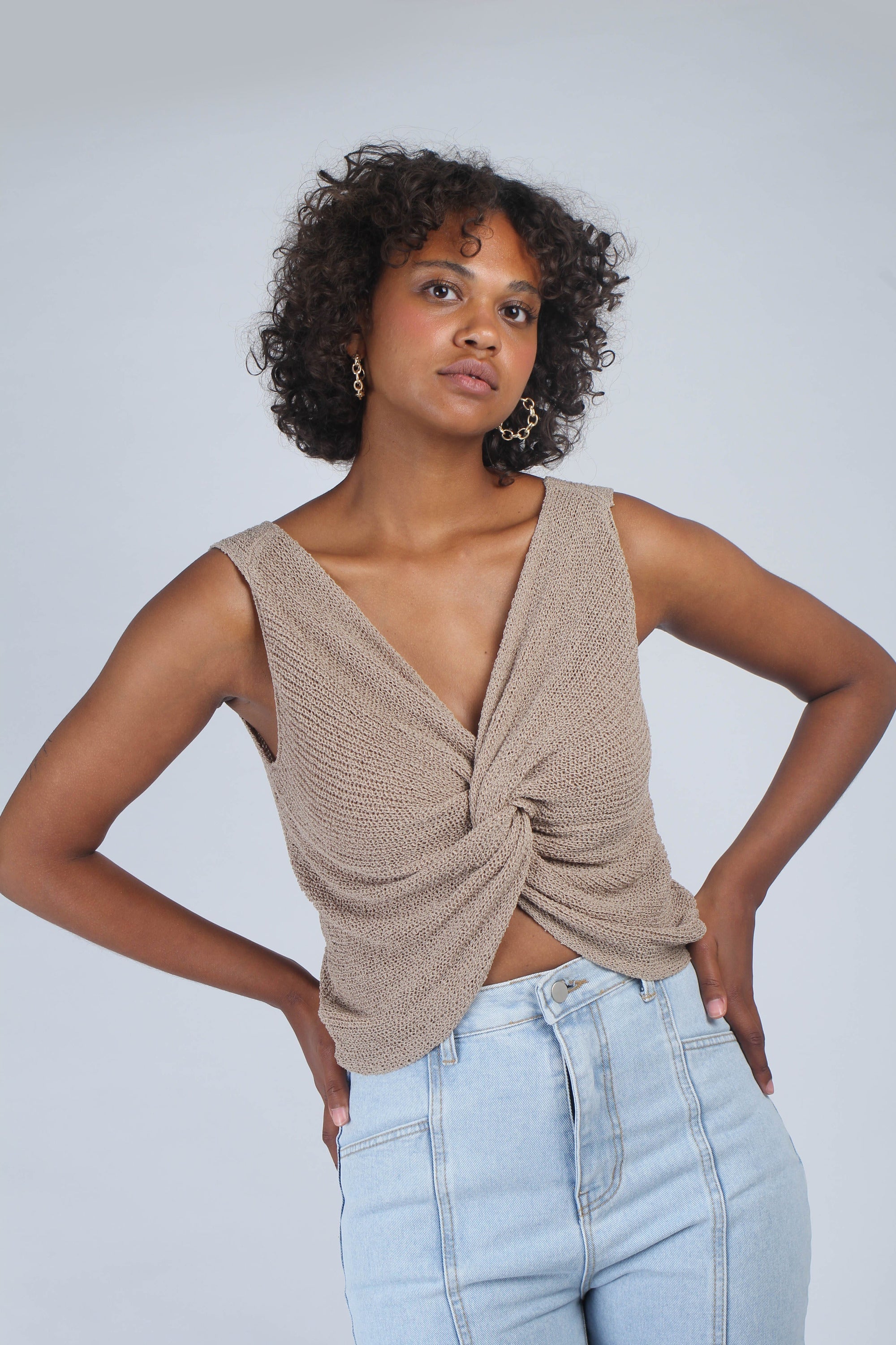 Beige twist front knit tank