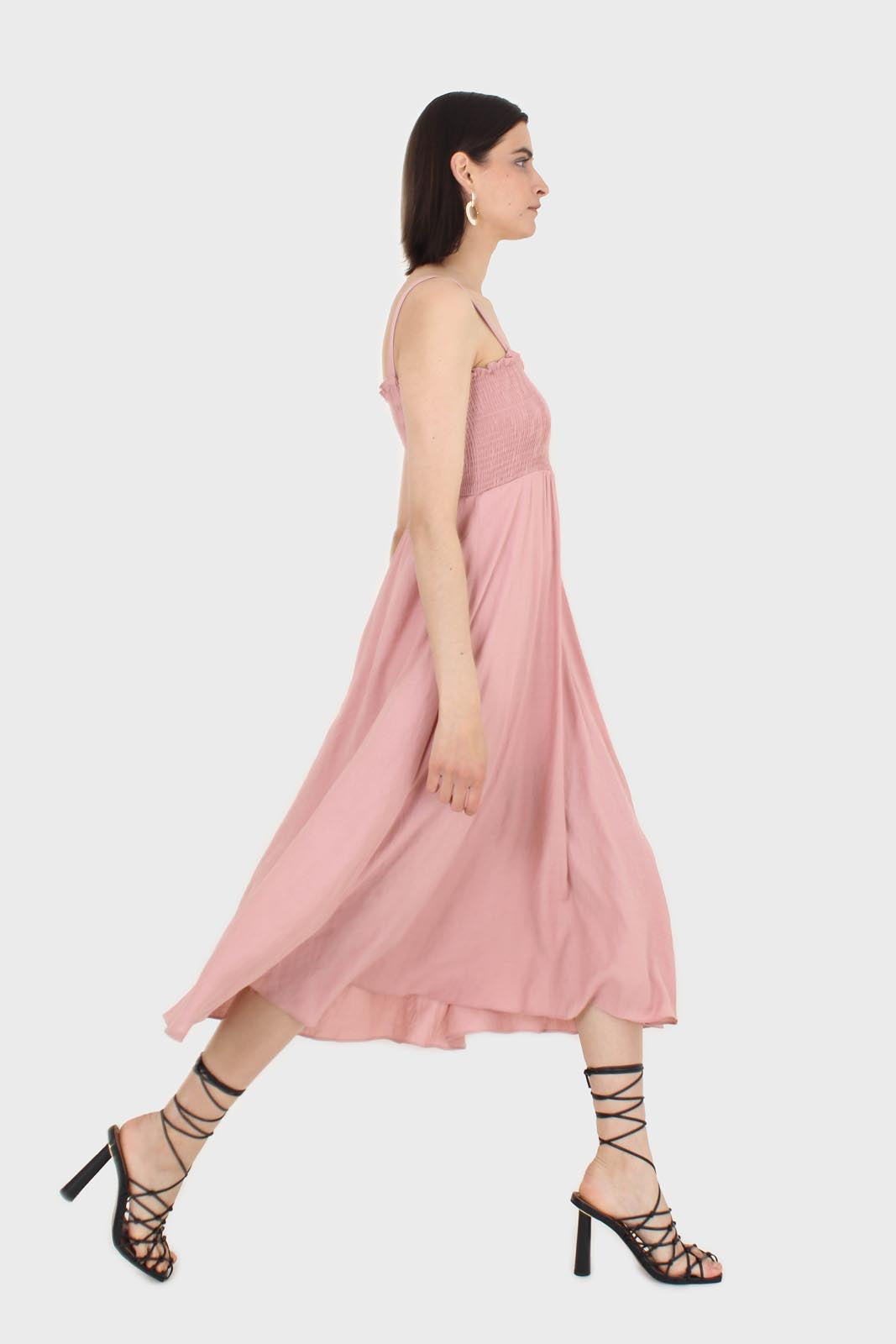 Pale pink ruched bodice thick strap maxi dress