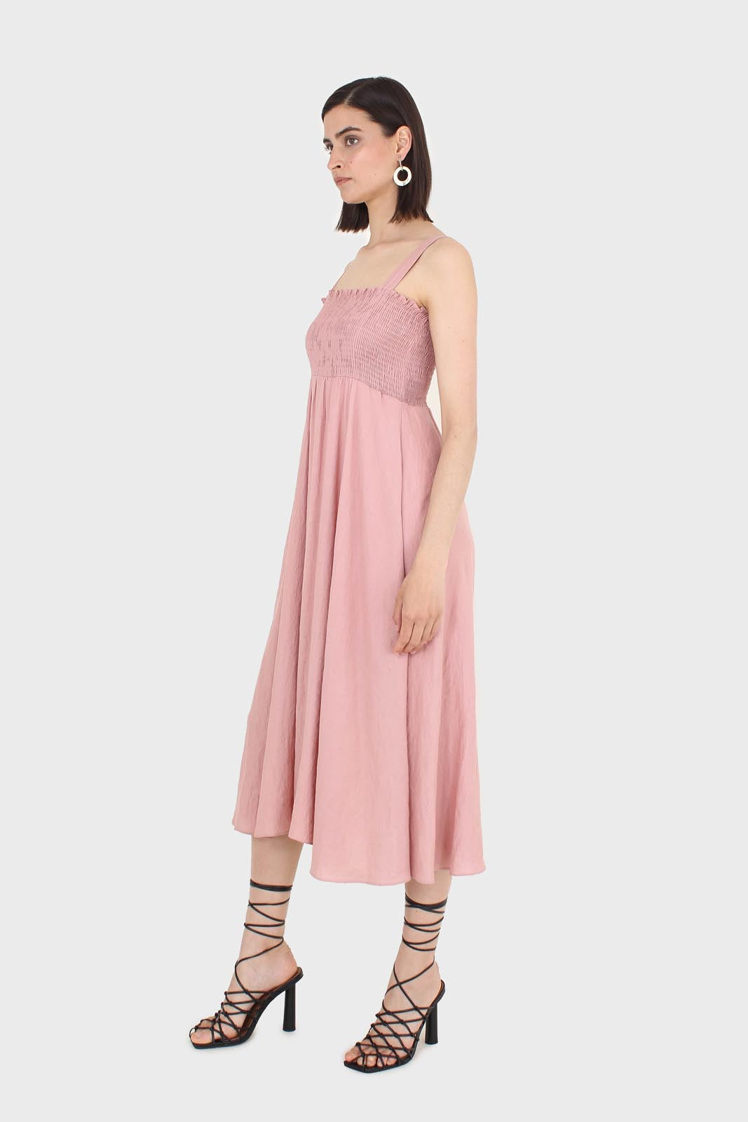 Pale pink ruched bodice thick strap maxi dress