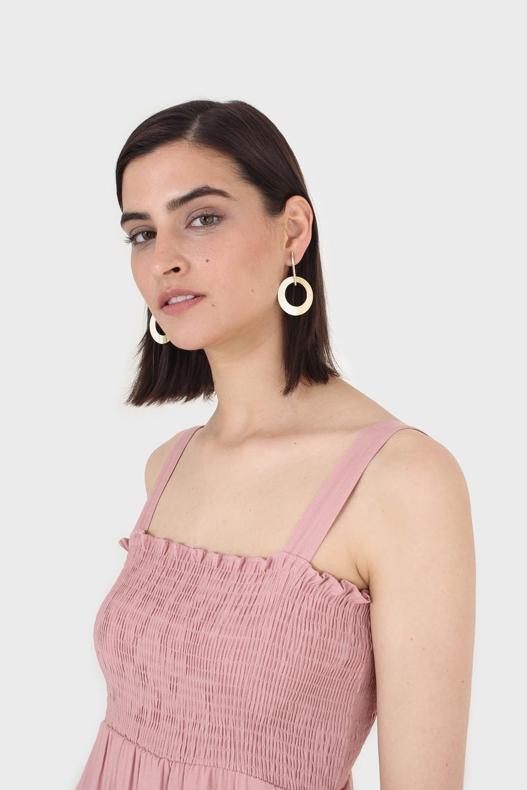 Pale pink ruched bodice thick strap maxi dress