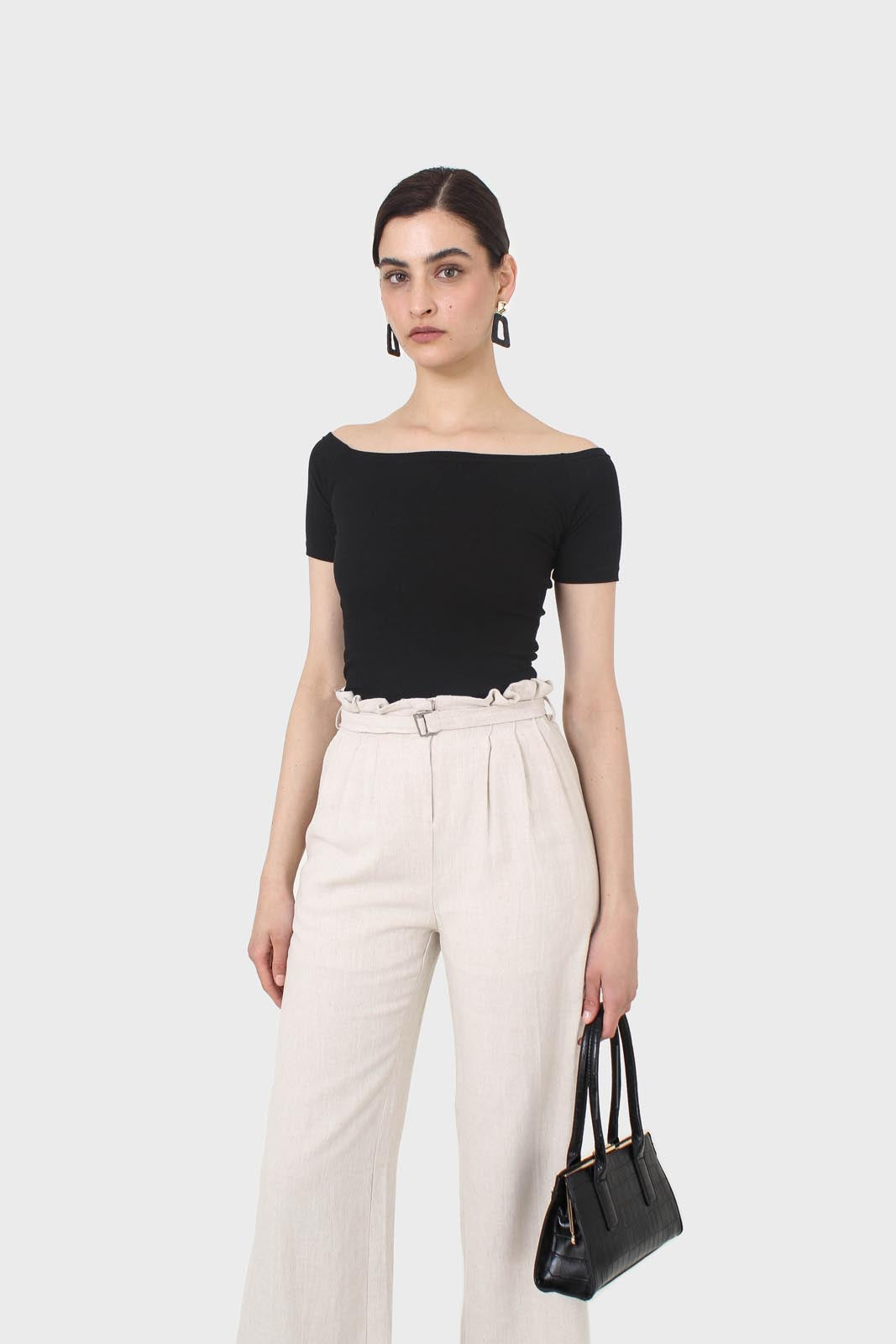Black side shirring off shoulder tee