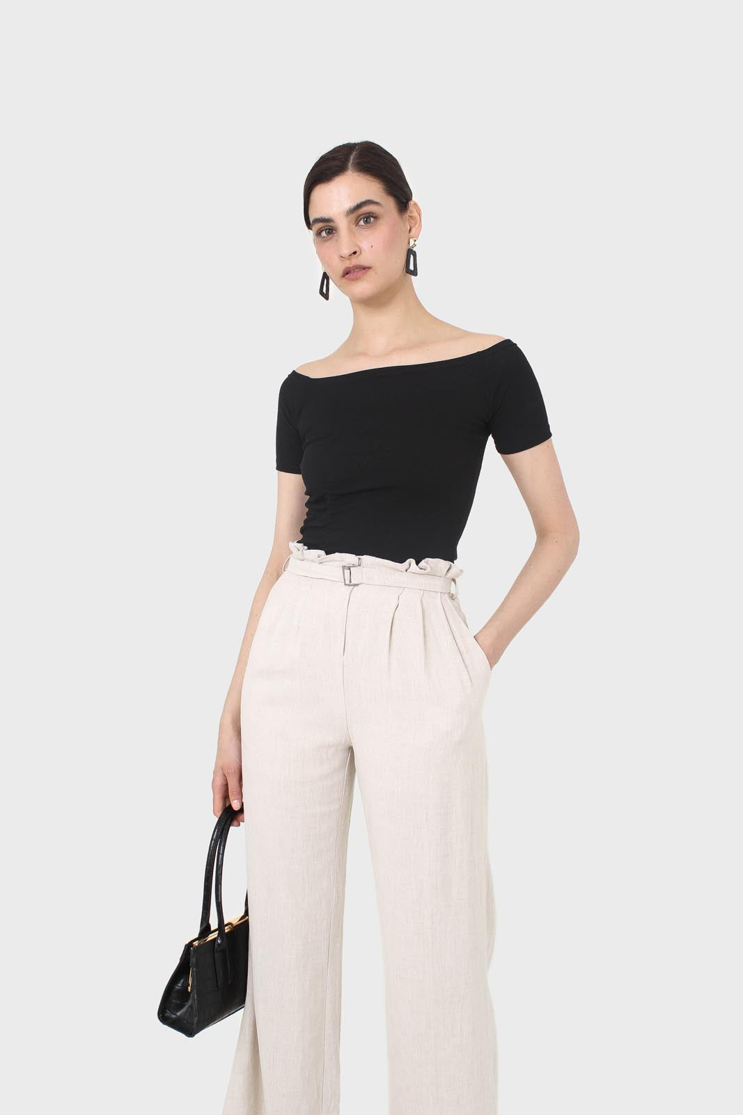 Black side shirring off shoulder tee