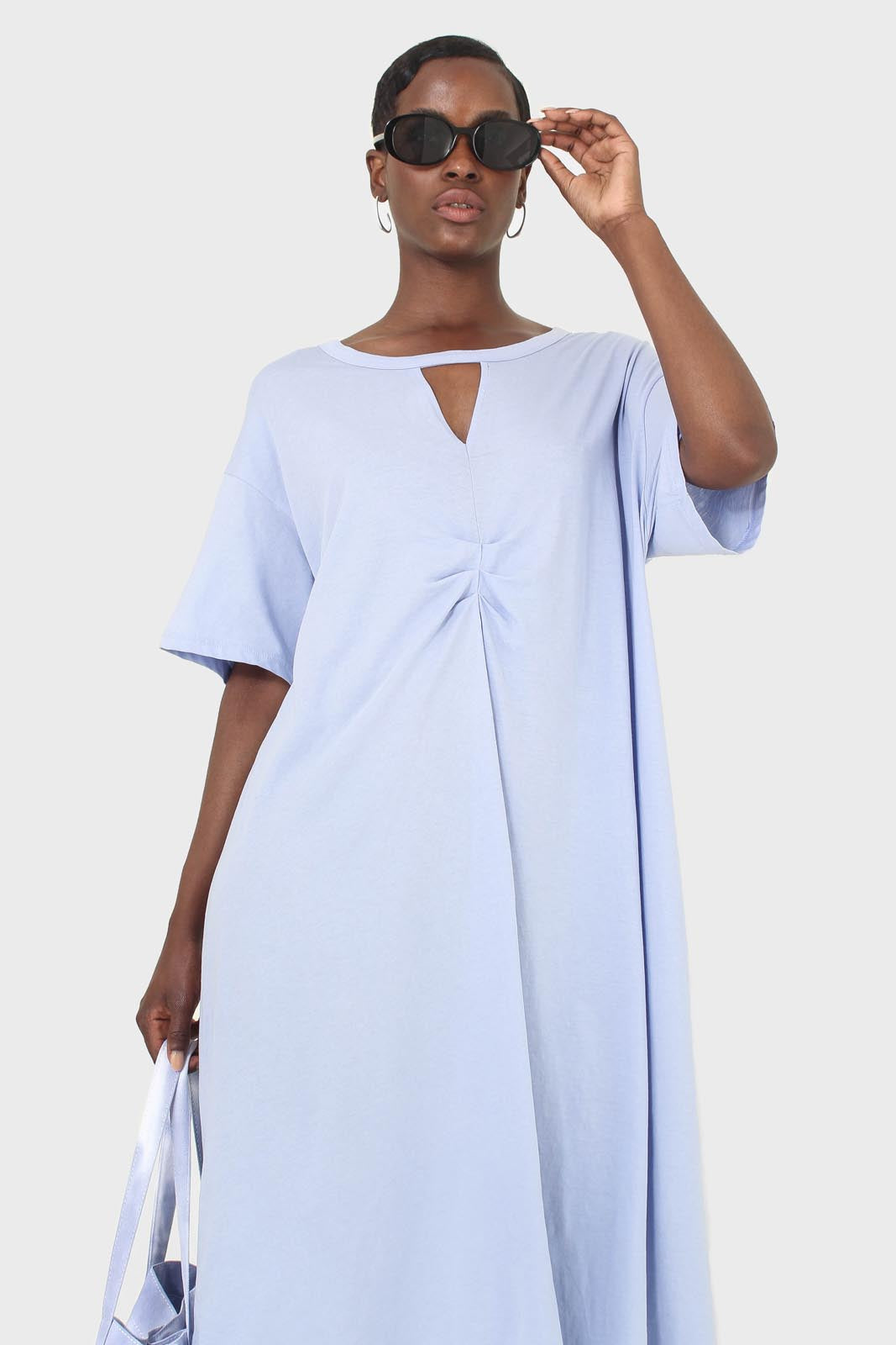 Blue cut out neck ruched front oversized maxi dress