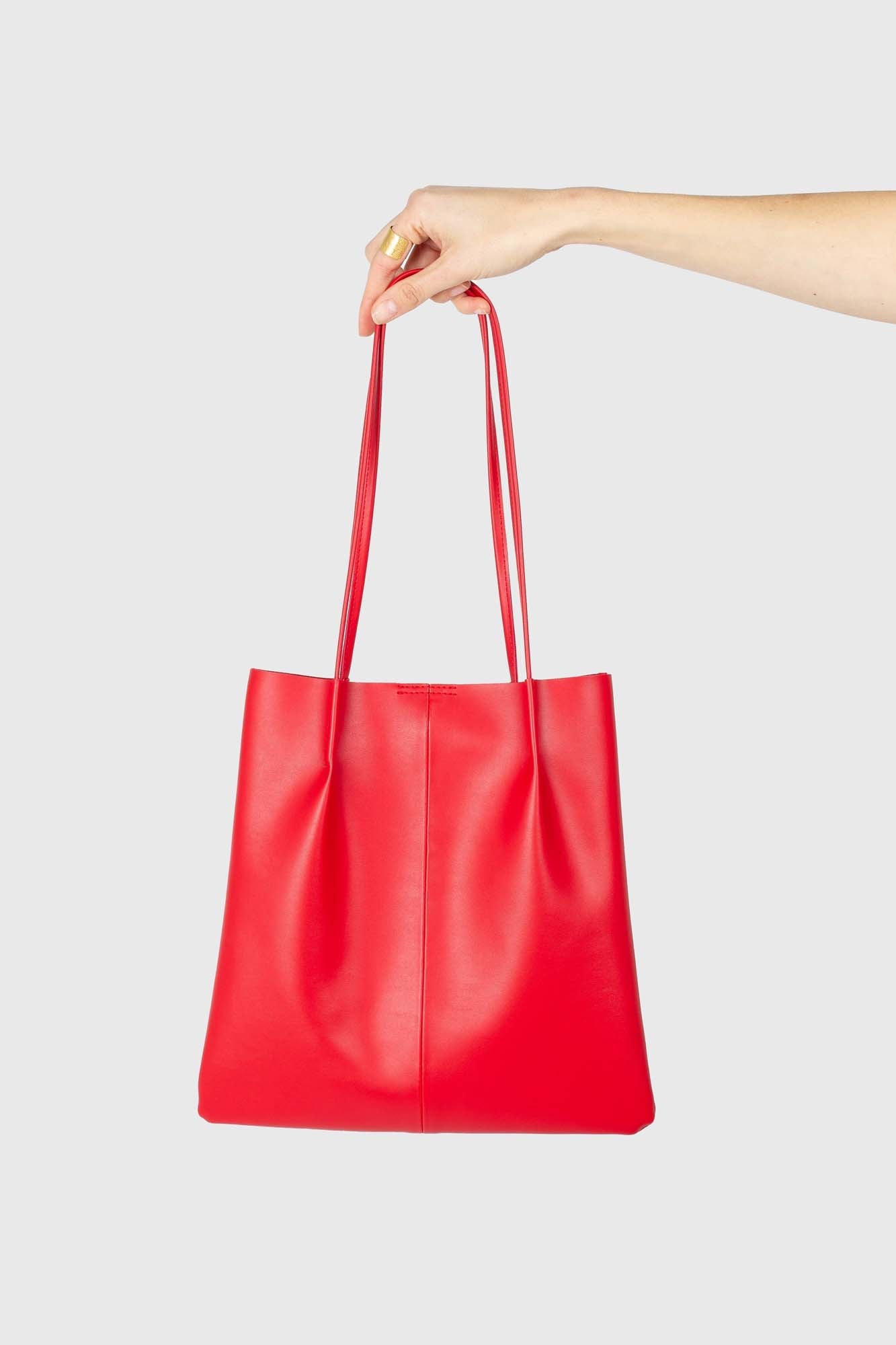Red vegan leather pinched strap tote bag