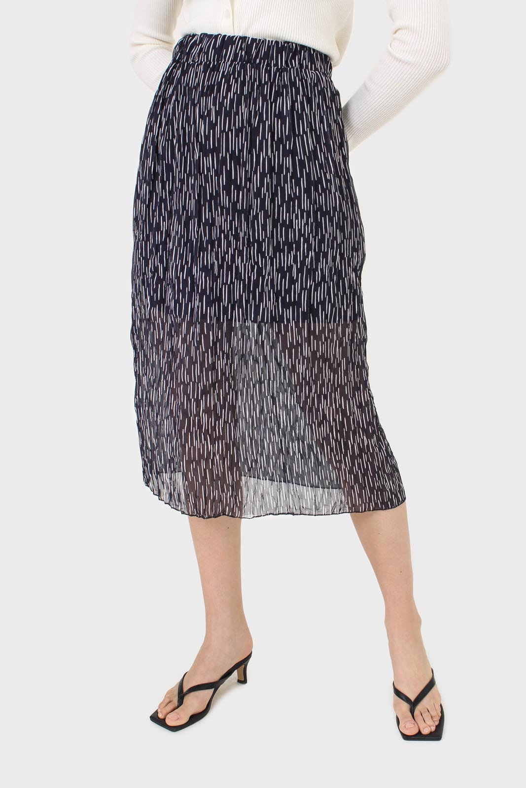 Navy and white print pleated skirt