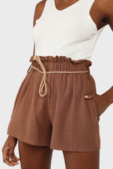 Brown loop waist belted linen shorts