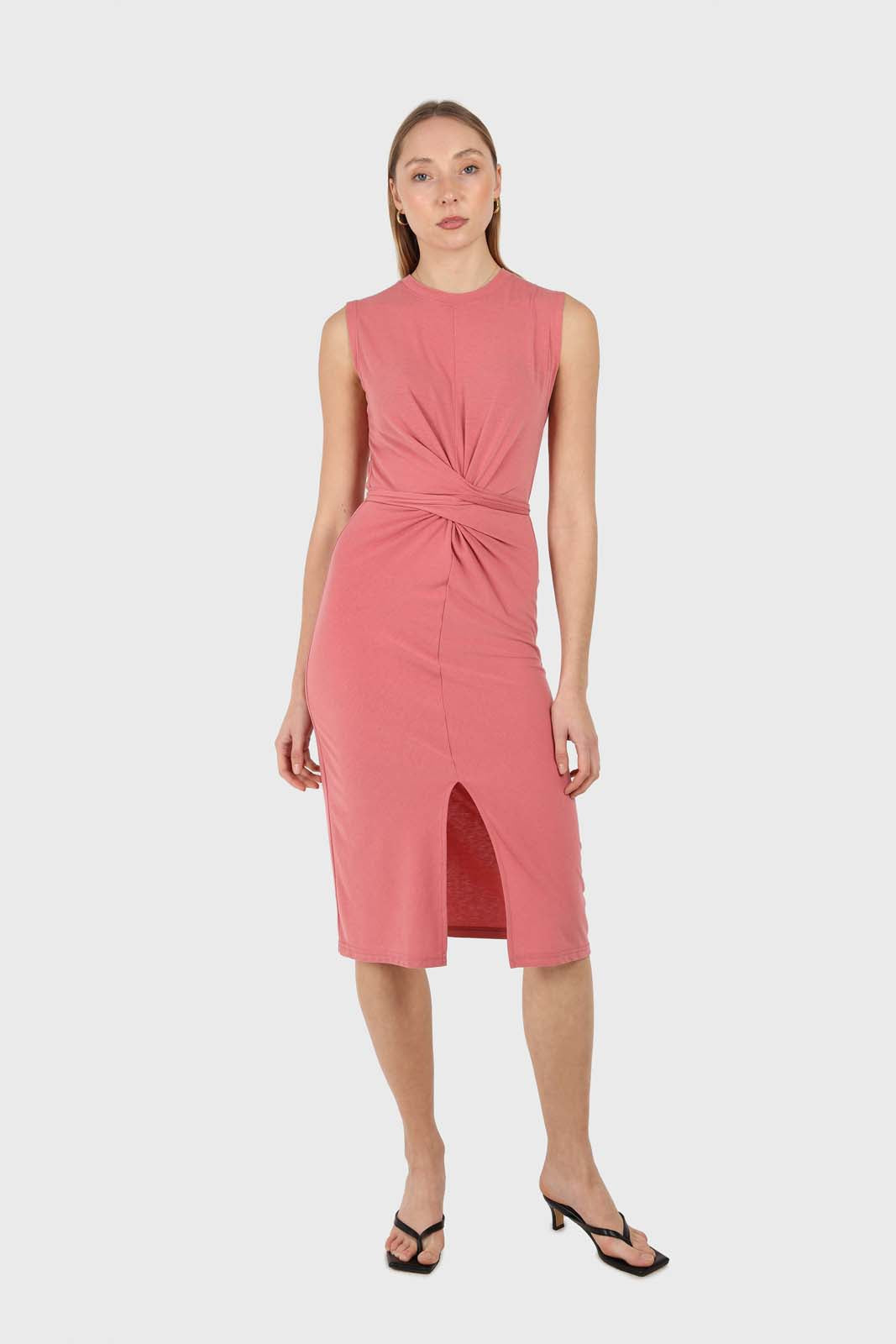 Dusty pink cross front fitted midi dress