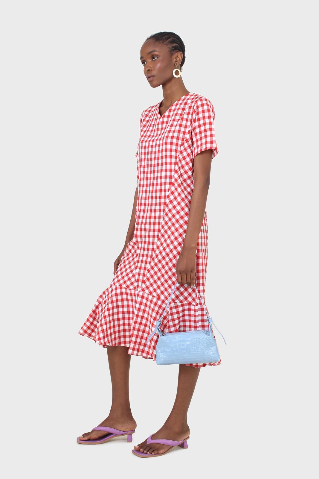 Red gingham V neck tiered ruffle maxi dress